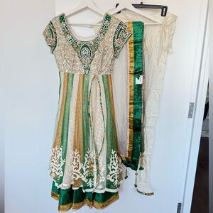 Indian Gold and Green embroidered Dress. Medium.